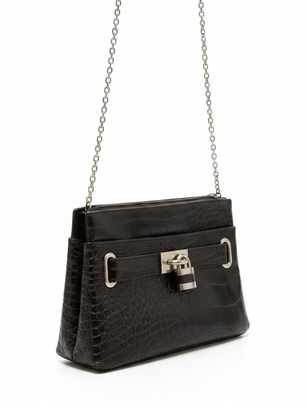 Poppie Jones Dark Brown Croc-Embossed Crossbody Bag with Silver Chain
